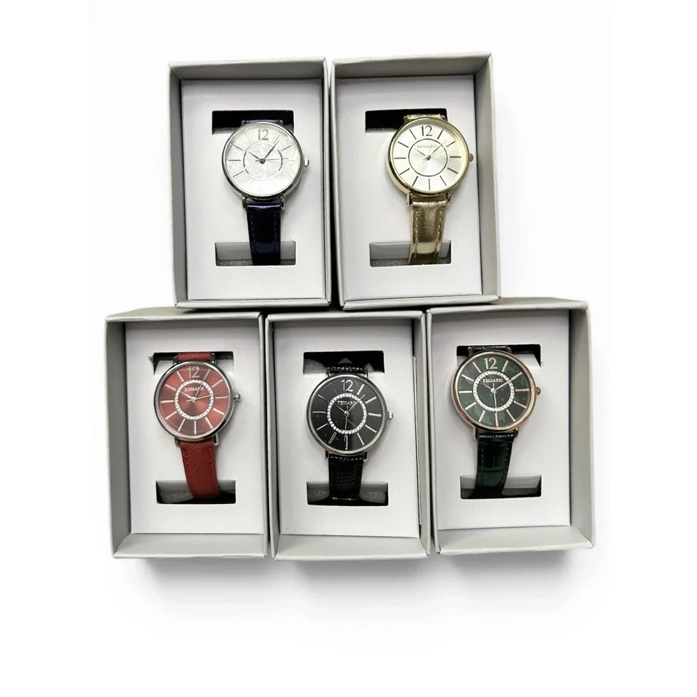 NEW Lot of 5 KESSARIS Watches Round Face Red, Black, Blue, Green, Gold Straps
